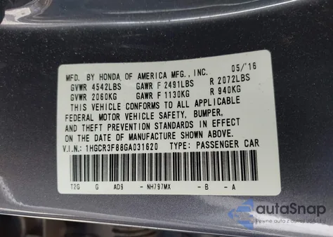 2016 Honda Accord Ex-L V-6 z USA, uszkodzony, nr VIN 1HGCR3F88GA031620